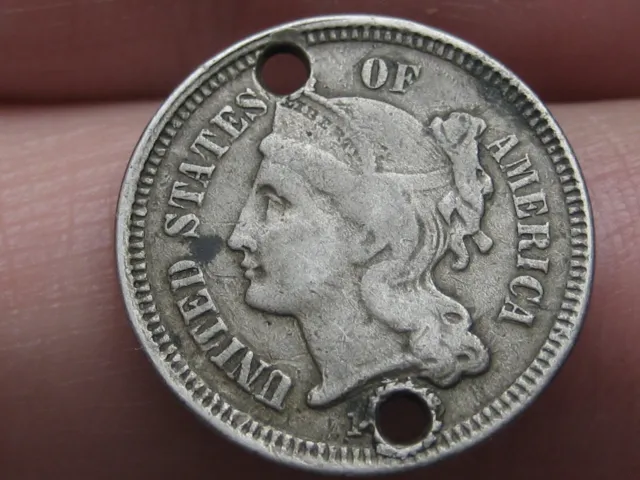 1865-1889 Three 3 Cent Nickel- Fine/VF Details- Holed Twice