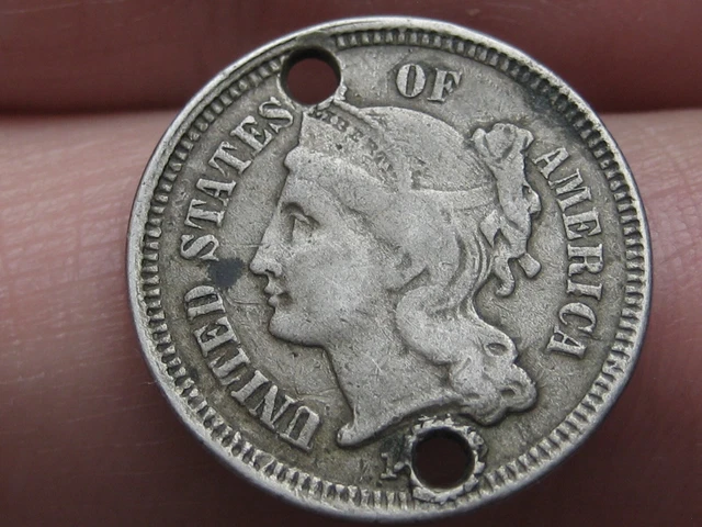 1865-1889 Three 3 Cent Nickel- Fine/VF Details- Holed Twice