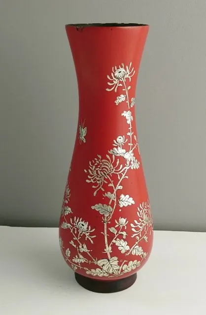 Japanese Red Lacquer Vase Silver Flower Butterfly Unmarked 19cm tall
