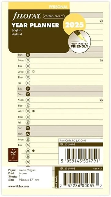 FILOFAX PERSONAL 2025 Vertical Year Planner Cream Insert Refill Diary ...