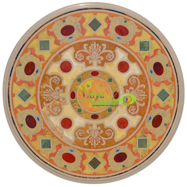 2' White Marble Table Top Round Dining Table Multi Stone Marquetry Inlay Decor