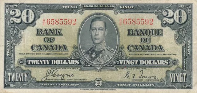 1937 Canada Banknote Coyne Towers $20 Dollars Banknote VF