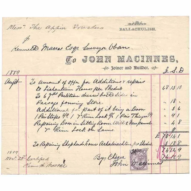 1889 Billhead, John MacInnes Joiner & Builder BALLACHULISH to the Appin Trustees