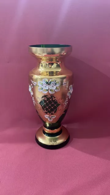Czech Bohemian Egermann Gold High Enamel Green Crystal Art Glass Vase  - W1099