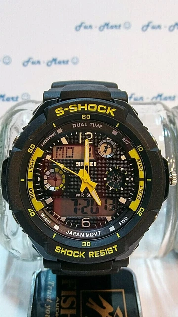 Multi-Function LED Analog Digital Water Resist 5 Men Quartz Watch-YELLOW [1824]