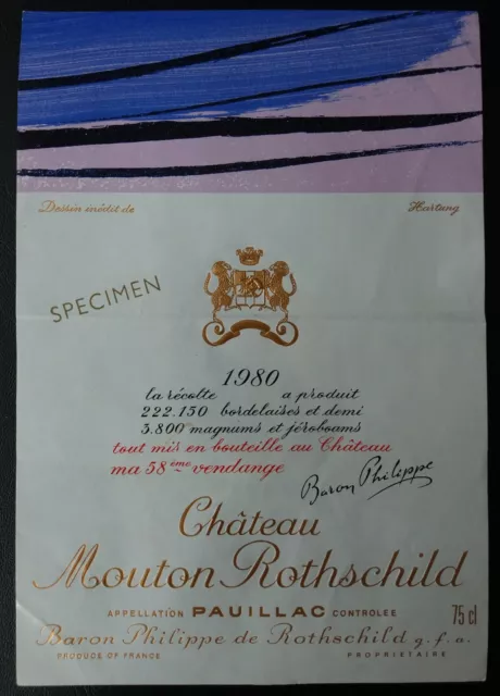 Etiquette Château Mouton Rothschild 1980 SPECIMEN 75cl signée Hartung