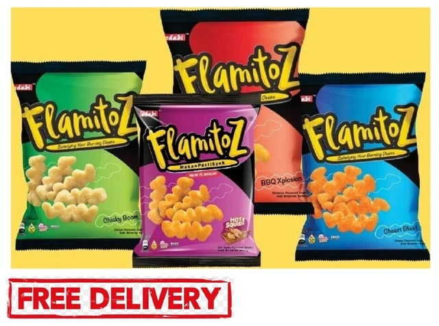 New 4's SNACKS MAIS FLAMITOZ CHEESE SUPER RING SQUID BBQ CHICKY Spedizione...