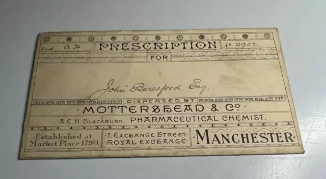 Antique Prescription Envelope Mottershead Chemist Manchester John Beresford Esq