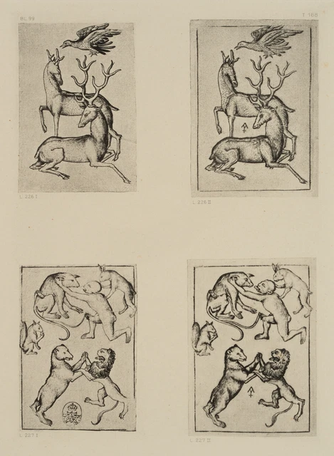 Secondo monogramma MASTER ES (*1450), orso con leoni. Reichssdruck, Repro Medioevo