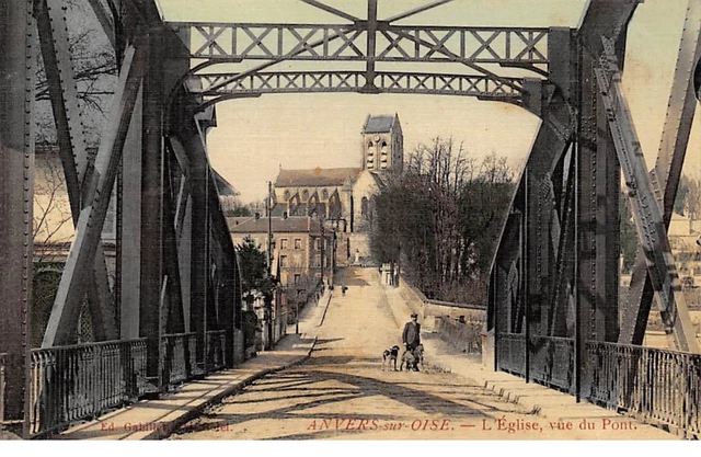 95 .n° 110620 . anvers sur oise . carte postale toilee .l eglise vue du pont .