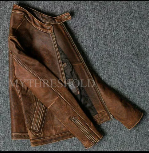 Men's Vintage Motorcycle Biker Brown Distressed Cafe Racer Real Leather Jacket 3