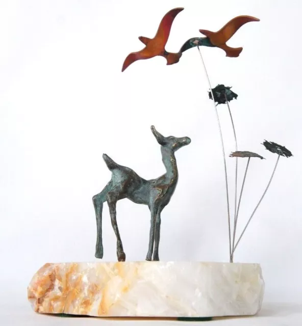 Vintage 60s Signed Bronze Deer Sculpture With White Onyx Base By Ross