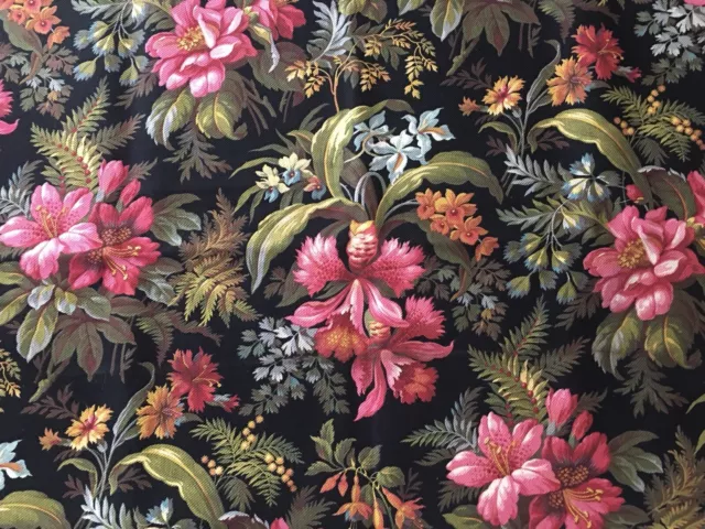 Antique French Botanical Floral Exotic Orchid Cotton Fabric ~Black Fuchsia Blue