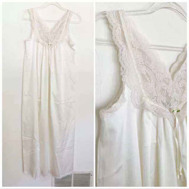 Christian Dior Slip Nightgown SZ Petite Women Vintage Satin Lace Trim Lace Gown