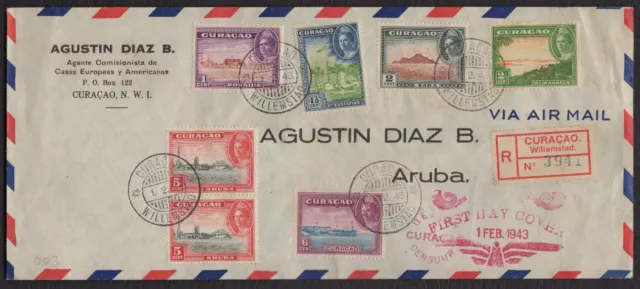 CURACAO 1943, Registered FDC Cover to Aruba, N.W.I., Sc 164/69, Mi 198/203