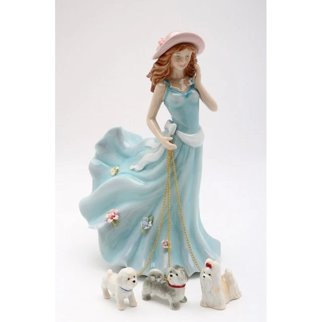 New Blue Porcelain Lady Walking 3 Dogs ;Maltese,Shih Tzu Figurine 20928-Nais