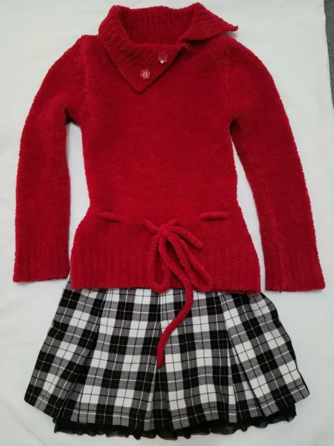 Iz Byer Red Sweater & The Children's Place Plaid Skirt Girls Size Small & 5 Euc
