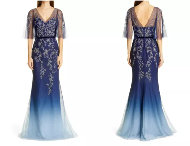 MARCHESA NOTTE Blue Ombre Floral Embroidered Beaded Embellished Tulle Gown 14 US