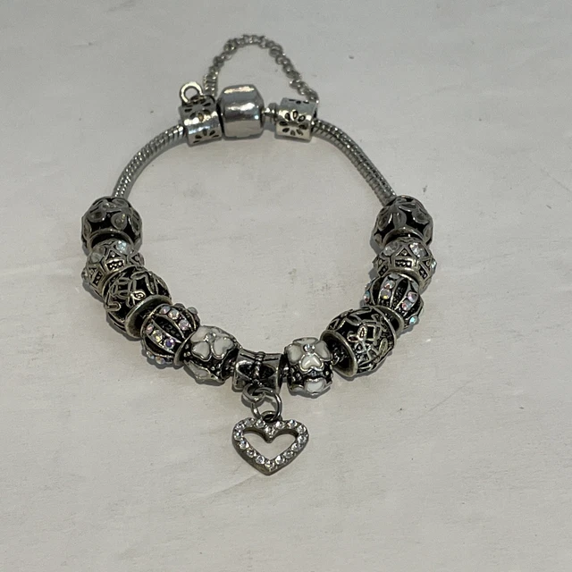 18K White Gold Plated Crystal Heart CZ Charm Bracelet Made w/ Swarovski Element