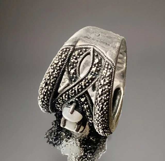 Bague Art Déco Argent 925 - Opales Et Marcassites - Taille 56 (1,8 Mm) - Occasion 'dans Son Jus'
