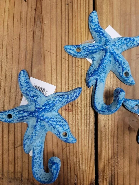 Set of 2 Iron Starfish Hook Coat Hooks Hat Nautical Decor Blue
