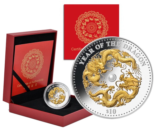 Fiji  10 Dollars 2012 Gilded Silver 1oz. Proof 'Year of the Dragon' with Pearl