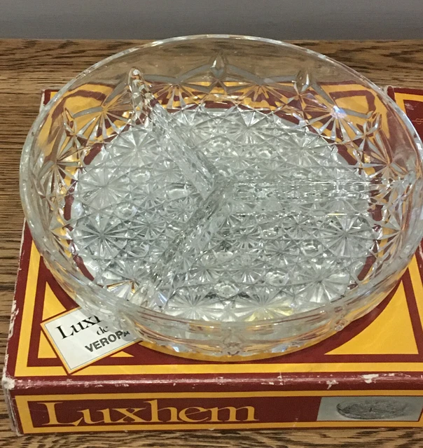 VINTAGE SECTIONED GLASS Serving Dish. Hors D’oeuvres. French. Luxhem De