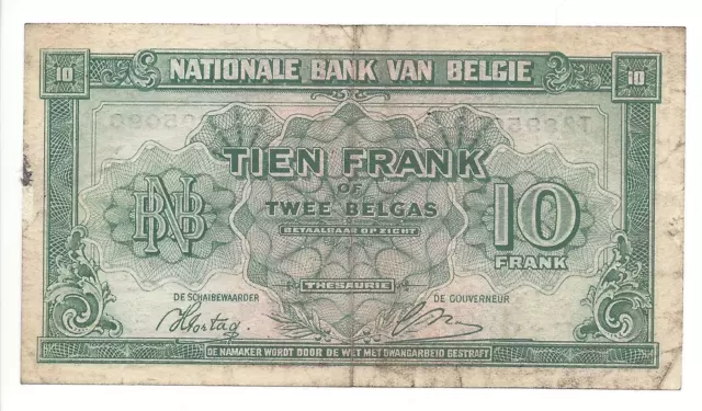 Vintage 1943~Banque Nationale Belgium Belgique~Currency Note~10 Franc Frank~WWII 2