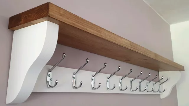 COAT RACK WITH SHELF  Rustic Handmade 10 Chrome Double Hooks Dark Oak /All White