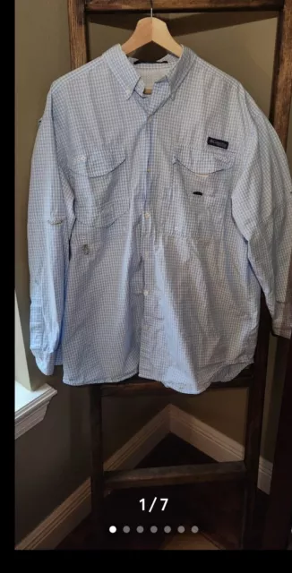 Columbia PFG Shirt Mens XL Blue Gingham  Long Sleeve Vented Fishing Outdoor