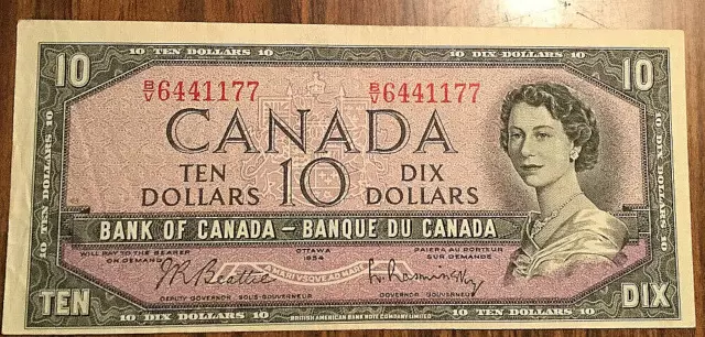 1954 Bank Of Canada Ten Dollars 10$ Bank Note