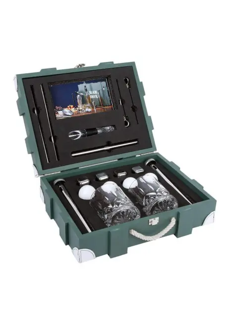 Bartender Kit Bar Tool Set In Military Green Wooden Crate Box Compact Steel