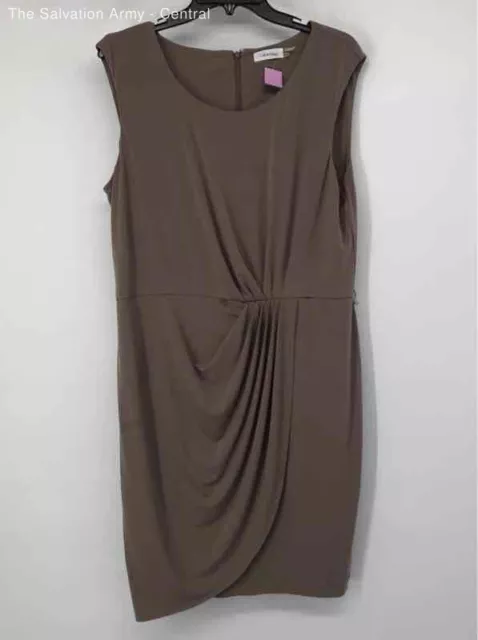 Calvin Klein Womens Tan Round Neck Sleeveless Back Zip Sheath Dress Size 14