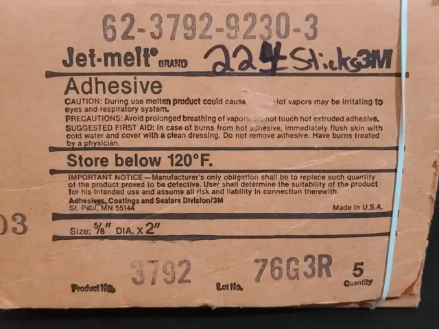 PARTIAL BOX (224 Sticks) 3M 3792 Hot Jet Melt Adhesive Clear Glue  5/8 X 2 In