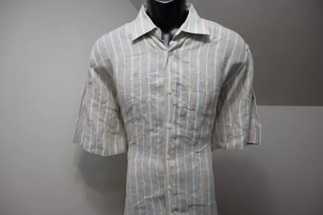 Neiman Marcus 100% Linen Button Up Dress Shirt Striped Short Sleeve Mens Large 3