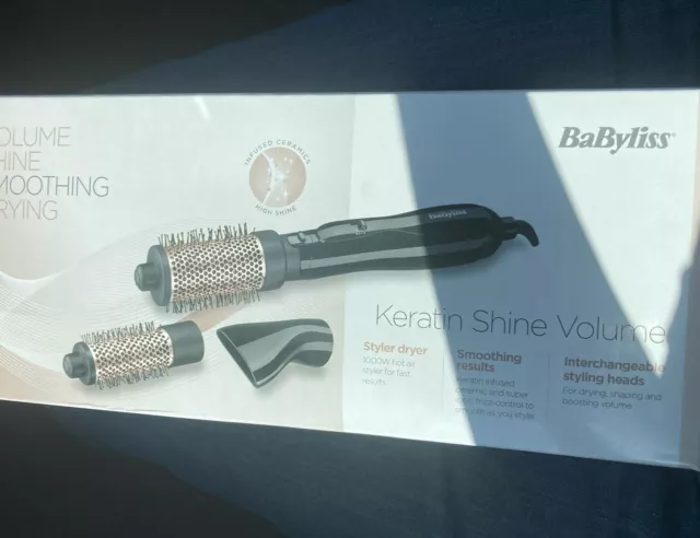 Babyliss Hot Air Styler 1000W Keratin Shine Brush 3 Attachments 50mm 38mm Nozzle