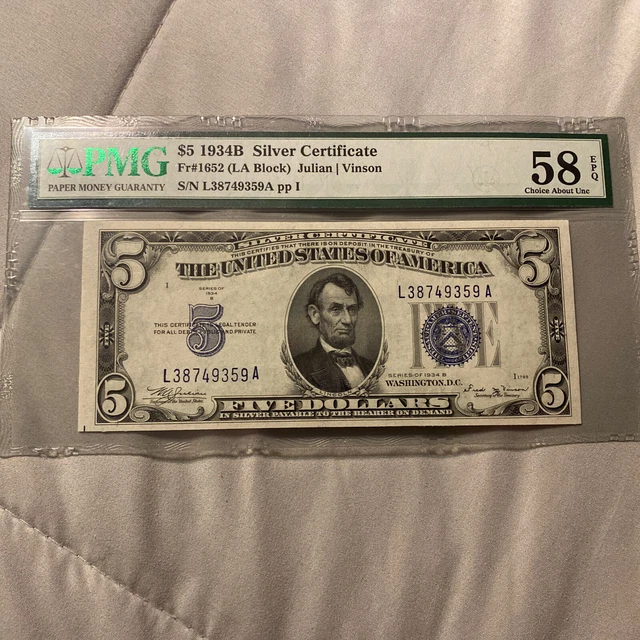DBR 1934-B $5 Silver Fr. 1652 Vinson LA Block PMG 58 EPQ