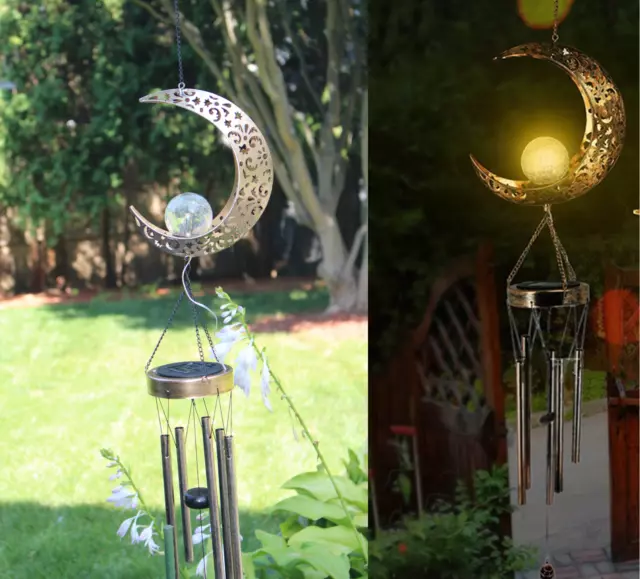 Solar Hanging Moon Glass Ball Wind Chime Garden Yard Patio Pathway LED Light