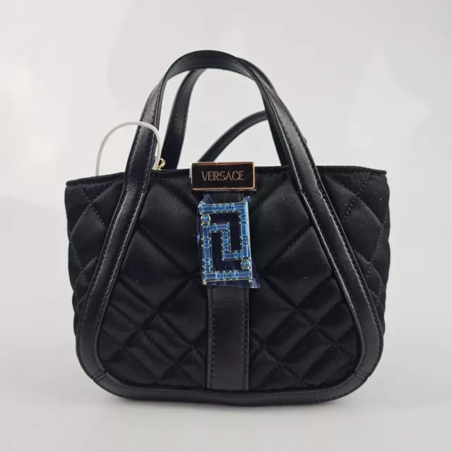 Versace Greca Goddess Mini Crystal Satin Black Tote Bag New