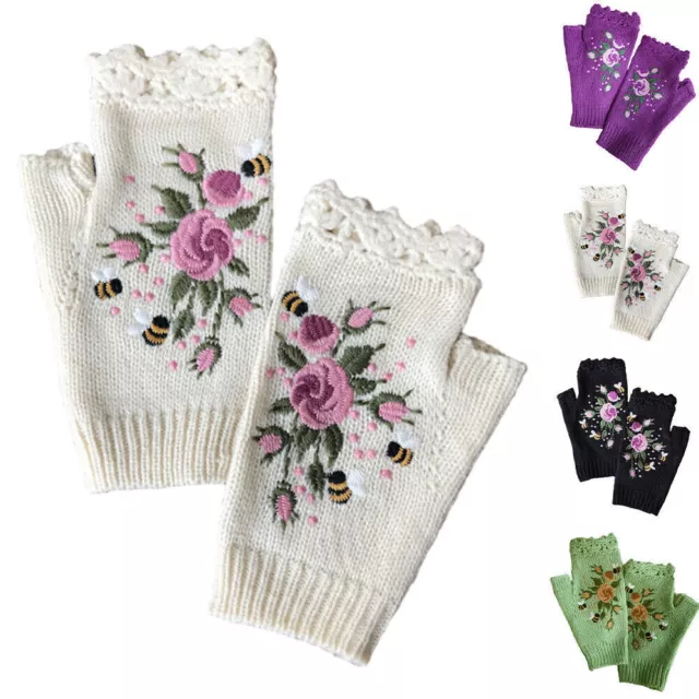 Women Flower Embroidered Gloves Indoor Winter Warm Fingerless Knitted Mittens~