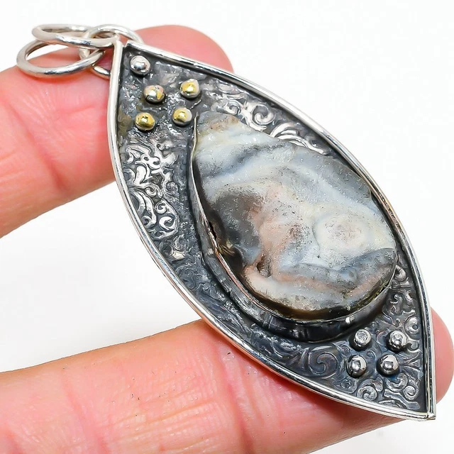 Desert Rose Druzy Ethnic Handmade 925 Sterling Silver Jewelry Pendant 2.99" w311