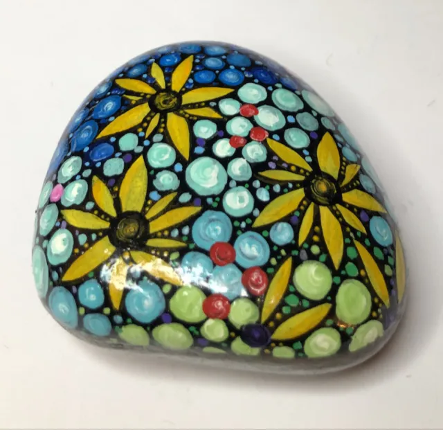 Painted rock with acrylic painting/ Sealed with Art Resin/ Yellow Flowers