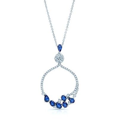 14k White Gold Blue Sapphire Diamond Pendant Necklace Floating Cradle 2.52ct