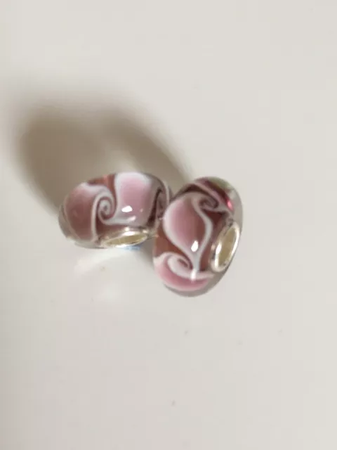 925 Sterling Silver Core, Murano Lampwork Glass Charm Beads x2