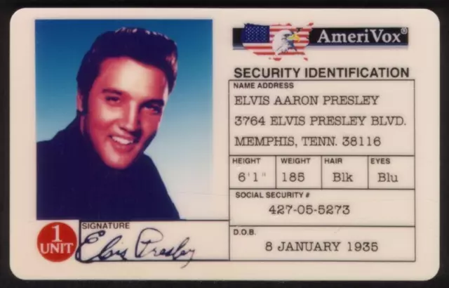 1u Elvis Identification Card ID (With Photo, Address, SS, Birthdate) Phone Card