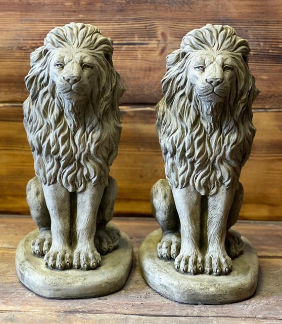 LION PAIR Stone Garden Ornament Statue Pillar Cap Gate Post 15kg Each 40cm tall