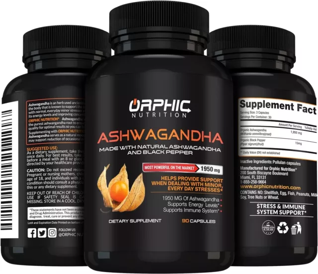 New Max Potency 100% Organic Ashwagandha Capsules with Black Pepper 1950 mg...