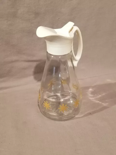 Vintage Glass Log Cabin Syrup Decanter Dispenser Gold Atomic Starburst Design