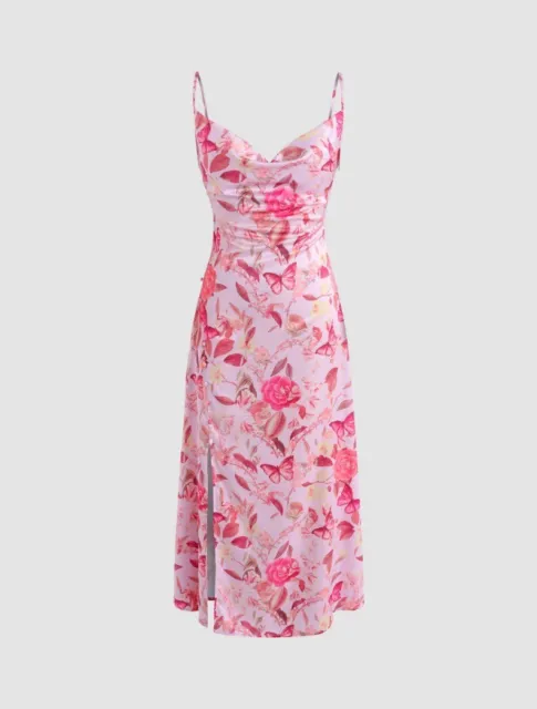 CIDER Cowl Neck Pink Butterfly & Floral Midi Dress