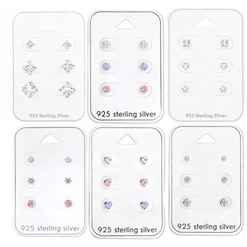 925 Sterling Silver Tiny Small Studs Earrings Set Round Heart Star Square Flower